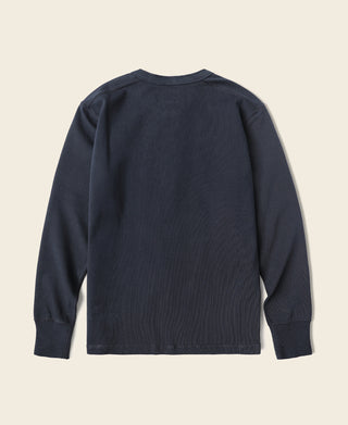 Navy long-sleeve henley shirt, plain back view with ribbed cuffs and hem.