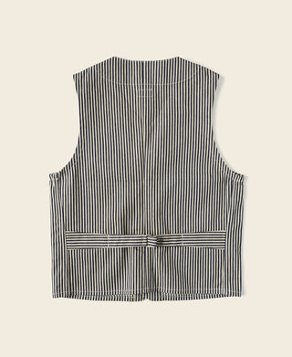 Men's pinstripe vest back view with straight hem and waist belt tab