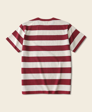 Red and white wide striped cotton T-shirt, crew neck, short sleeves (back view)