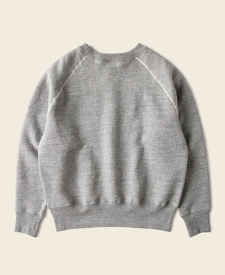 Gray raglan-sleeve crewneck sweater, plain back view with contrast seam stitching.