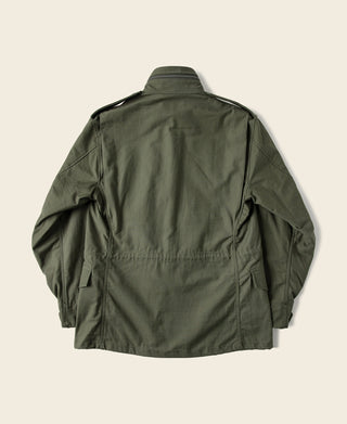 Olive field jacket back view with button placket and sleeve cuffs