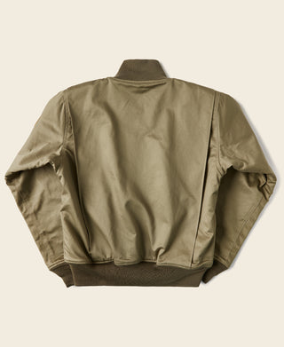 Olive bomber jacket, full back view with ribbed collar and knit cuffs.