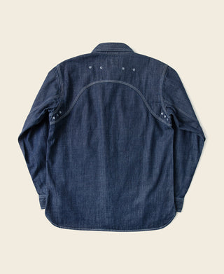 Indigo denim work shirt back view with yoke seam and buttoned cuffs