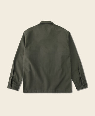 Olive fatigue utility shirt, plain back view with button cuffs and long sleeves