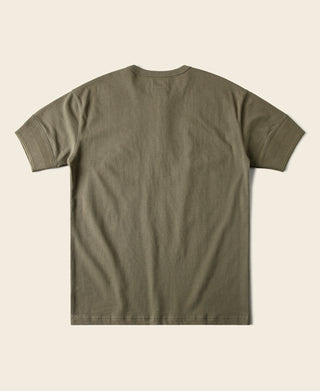 Olive vintage short-sleeve henley t-shirt, rear view with crew neckline and short sleeves