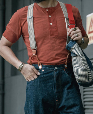 Brick red henley T-shirt with three-button placket and short sleeves