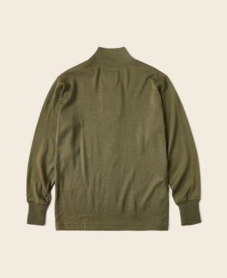 Olive long-sleeve wool henley shirt, back view with ribbed hem