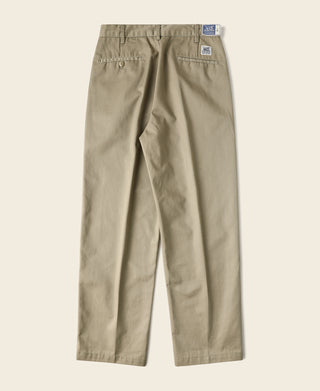 Khaki straight-leg work pants with front pockets and brand patch at waistband