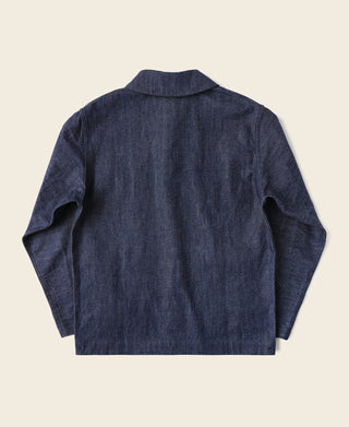 Indigo denim utility jacket, stand collar, long sleeves, button closure