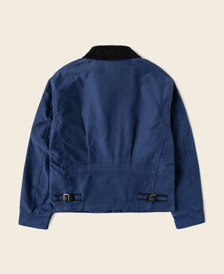 Back view of blue Cossack jacket with adjustable waist belt and black collar