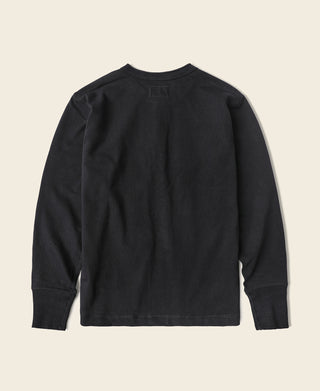 Black long-sleeve henley shirt, back view with crew neck and ribbed cuffs.