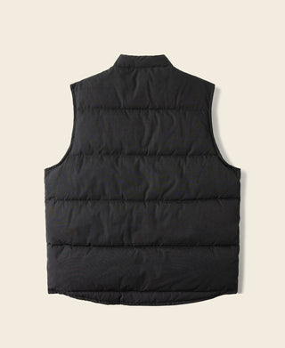 Black quilted padded vest, sleeveless, with horizontal baffle stitching.