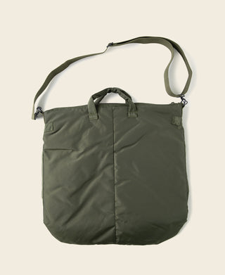 Olive nylon helmet bag with side pockets and adjustable shoulder strap