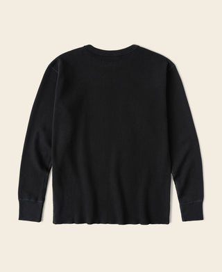 Black heavyweight thermal waffle knit long-sleeve shirt, crew neck, ribbed hem