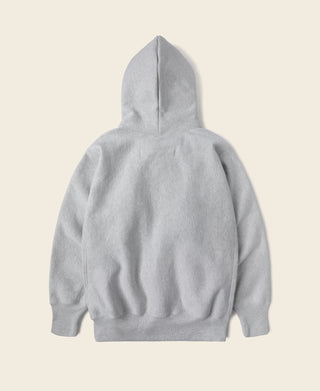 Gray pullover hoodie with hood and front kangaroo pocket, studio front view