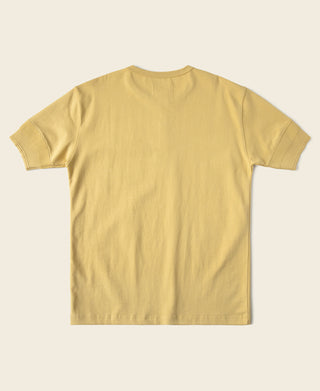 Yellow vintage short-sleeve henley T-shirt back view, plain crew neck
