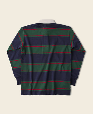 Mens rugby shirt in navy with green and red stripes, showing back view and striped yoke
