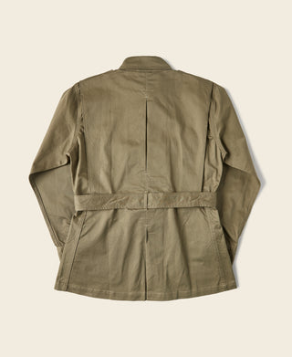 Khaki green paratrooper jacket back view with center seam and waist belt tie