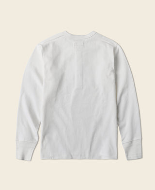 White long-sleeve henley shirt back view with ribbed hem and cuffs