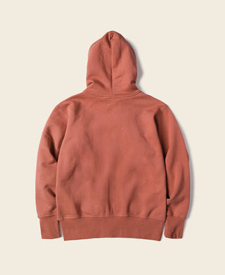 Brick red terry cloth full-zip hoodie, back view with hood and ribbed hem