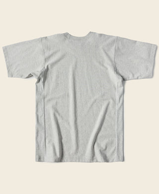 Light gray crewneck short-sleeve T-shirt from back view with straight hem