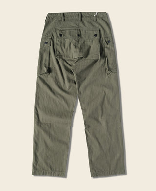 Olive utility cargo pants back view with patch pockets and belt loops