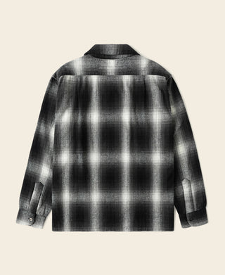 Black-and-white ombre check sports shirt, back view with buttoned collar