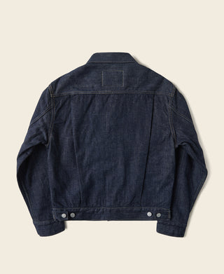 Indigo denim blanket-lined jacket, back view with yoke and two waist tabs