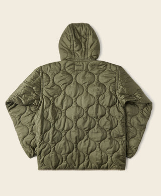 Olive quilted hooded jacket, back view with full-length front zipper and padded texture