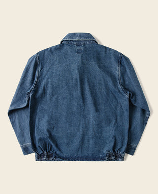 Indigo stonewashed zip-up denim work jacket, back view with gathered yoke seam