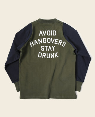 Olive quarter-zip long-sleeve t-shirt with Avoid Hangovers Stay Drunk back print