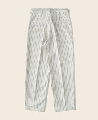 White pinstripe work pants with pleated front and belt loops, front view