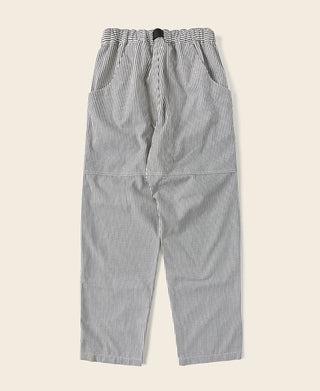 Loose striped cargo pants with elastic waistband and drawstring, blue and white