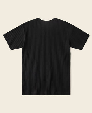 Black ribbed crewneck t-shirt with short sleeves, relaxed drape