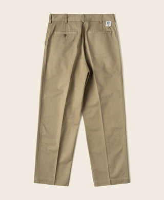 Khaki pleated front trousers with belt loops and front button fly.