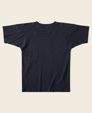 Navy drop-shoulder football t-shirt, crew neck, plain back without visible graphic