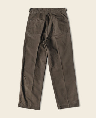 Dark brown combat pants with patch-style back pockets and belt loops