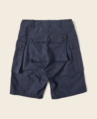 Navy utility shorts with front button placket and waistband tabs, cargo flap pockets