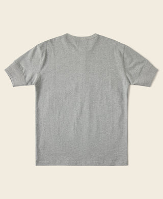 Gray short-sleeve henley T-shirt, plain back view with crew neck and ribbed hem