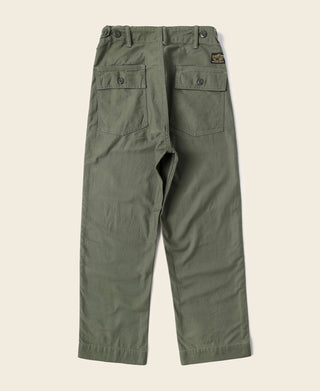 Olive utility fatigue pants, flat lay back view with buttoned rear pockets