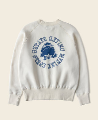 White raglan sweatshirt with blue circular mascot graphic on the front