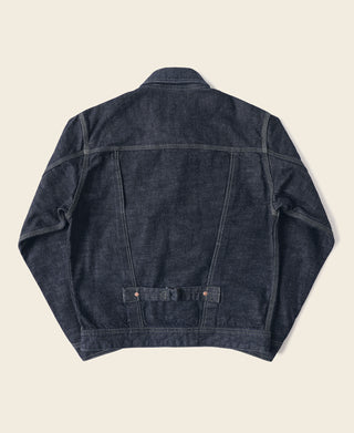 Selvedge denim cowboy jacket, indigo, back view with central yoke and lower button tabs