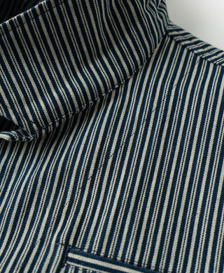 Striped cossack jacket neckline with pointed collar and front overlap