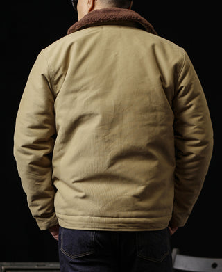 Khaki deck jacket back view with brown shearling collar and lining