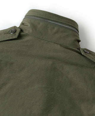 Olive field jacket shoulder yoke with front zipper and snap tab