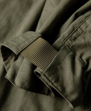 Olive M-65 parka cuff with ribbed strap and stitching detail