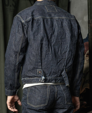 Indigo denim jacket back view with yoke seam and rear patch pocket detail