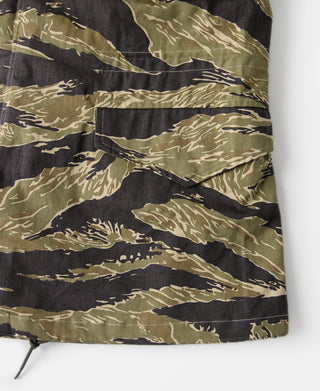 Tiger stripe camo field jacket hem with drawstring and stitched lower edge
