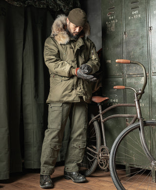 Olive Type N-3 parka full view with fur hood trim and utility pockets