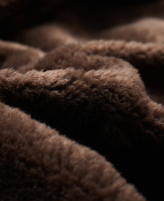 Close-up of brown shearling lining on deck jacket